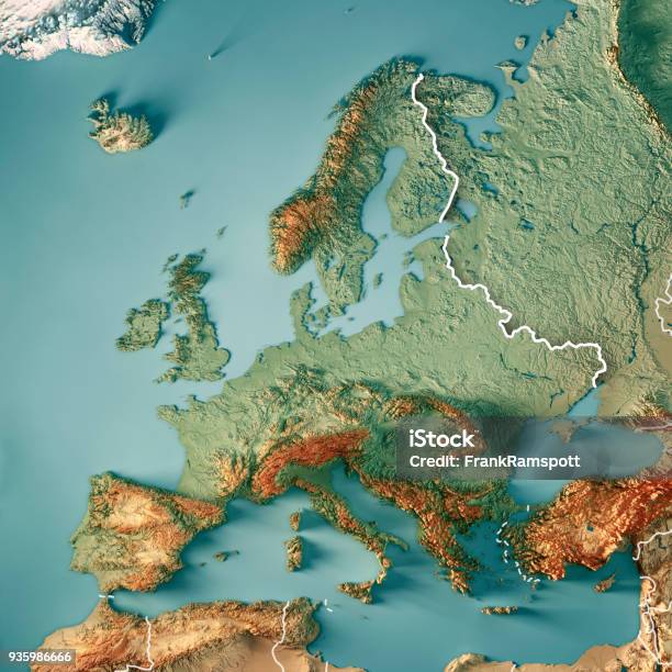 Topographische Karte Farbe Grenze Europas 3d Render Stockfoto und mehr Bilder von Karte - Navigationsinstrument