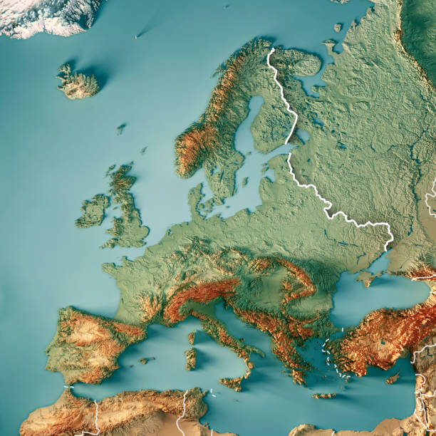 europa 3d render topographic mapa kolor obramowanie - śródziemnomorskie kraje zdjęcia i obrazy z banku zdjęć