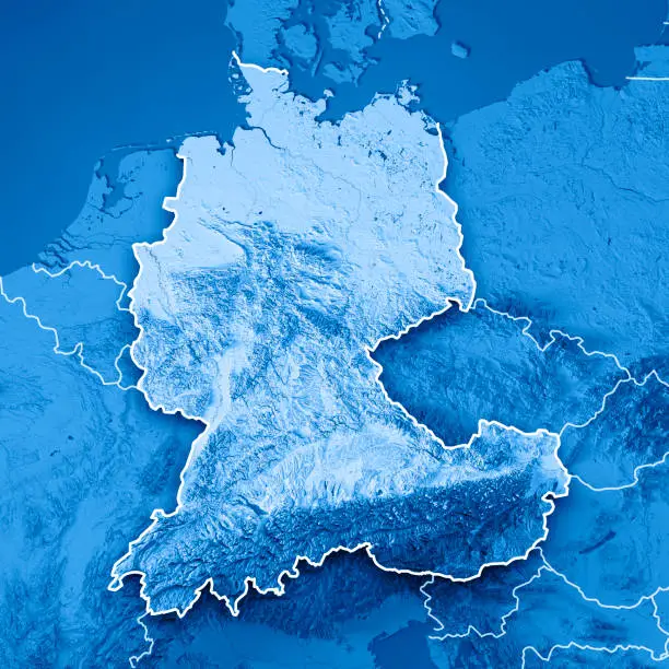 3D Render of a Topographic Map of the economic region D-A-CH, consisting of the Countries of Germany, Austria and Switzerland.
All source data is in the public domain.
Color texture: Made with Natural Earth. 
http://www.naturalearthdata.com/downloads/10m-raster-data/10m-cross-blend-hypso/
Boundaries Level 0: Humanitarian Information Unit HIU, U.S. Department of State (database: LSIB)
http://geonode.state.gov/layers/geonode%3ALSIB7a_Gen
Relief texture and Rivers: SRTM data courtesy of USGS. URL of source image: 
https://e4ftl01.cr.usgs.gov//MODV6_Dal_D/SRTM/SRTMGL1.003/2000.02.11/
Water texture: SRTM Water Body SWDB:
https://dds.cr.usgs.gov/srtm/version2_1/SWBD/