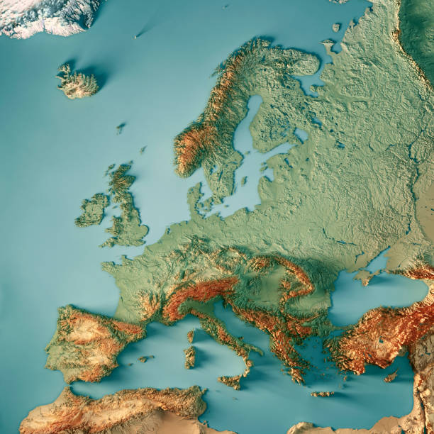 color de mapa topográfico de render 3d de europa - europa mapa fotografías e imágenes de stock