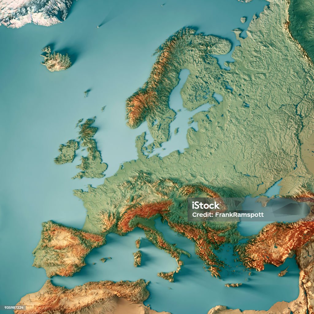 Europe 3D Render Topographic Map Color 3D Render of a Topographic Map of Europe.
All source data is in the public domain.
Color texture: Made with Natural Earth. 
http://www.naturalearthdata.com/downloads/10m-raster-data/10m-cross-blend-hypso/
Boundaries Level 0: Humanitarian Information Unit HIU, U.S. Department of State (database: LSIB)
http://geonode.state.gov/layers/geonode%3ALSIB7a_Gen
Relief texture and Rivers: SRTM data courtesy of USGS. URL of source image: 
https://e4ftl01.cr.usgs.gov//MODV6_Dal_D/SRTM/SRTMGL1.003/2000.02.11/
Water texture: SRTM Water Body SWDB:
https://dds.cr.usgs.gov/srtm/version2_1/SWBD/ Map Stock Photo