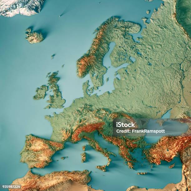 Europe 3d Render Topographic Map Color Stock Photo - Download Image Now - Map, Europe, Three Dimensional
