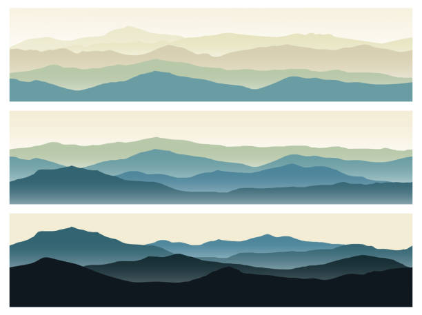 Set of mountains seamless backgrounds. Green nature landscapes in the summer evening. Vector horizontal banners. mountain layers stock illustrations