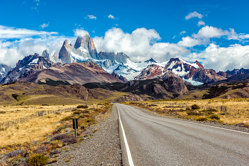 Road and mountain panorama with Fitz Roy peak at Los Glaciares National Park, Argentina
