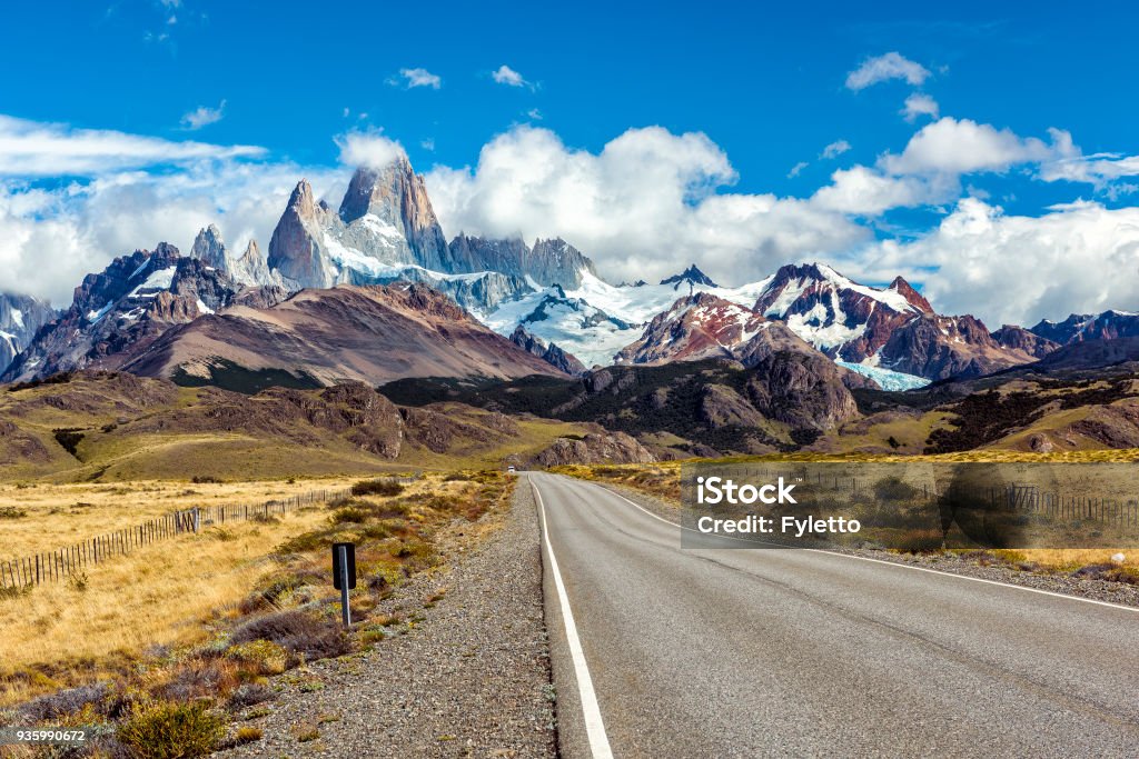 Road and panorama with Fitz Roy mountain at Los Glaciares National Park Road and mountain panorama with Fitz Roy peak at Los Glaciares National Park, Argentina Argentina Stock Photo