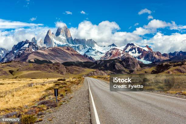 Road And Panorama With Fitz Roy Mountain At Los Glaciares National Park Stock Photo - Download Image Now