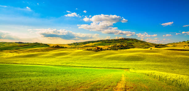 printemps de tuscany, village médiéval de pienza et campagne. sienne, italie - pienza tuscany italy landscape photos et images de collection