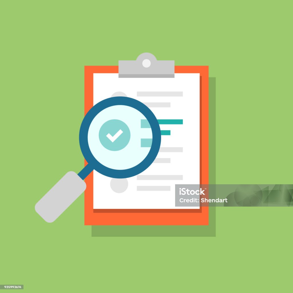 Clipboard icon and magnifying glass. Confirmed or approved document. Flat illustration isolated on color background. Clipboard icon and magnifying glass. Confirmed or approved document. Flat illustration isolated on color background Magnifying Glass stock vector