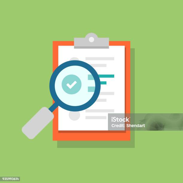 Clipboard Icon And Magnifying Glass Confirmed Or Approved Document Flat Illustration Isolated On Color Background Stock Illustration - Download Image Now