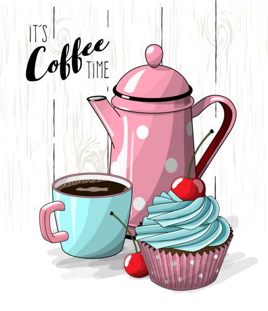 Cupcake with blue cream and cherry, cup of coffee and pink tea pot on simple white wooden texture, illustration vector art illustration