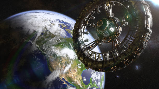istock futuristic space station in orbit of planet Earth (3d render) 935997284