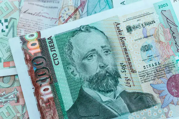 Photo of Photo depicts the Bulgarian currency banknote, 100 leva, BGN, close up. Depicts a portraiture of Aleko Konstantinov, famous Bulgarian poet.