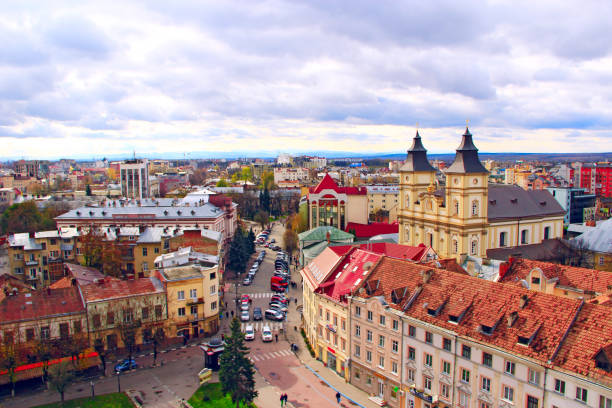 Ivano-Frankivsk / Ukraine - 28 October 2017 / Ukraine:View to Ivano-Frankivsk from a bird's eye view with dark clouds up. Cityscape. 28 October 2017 Vorohta village / Ivano-Frankivsk region, Ukraine