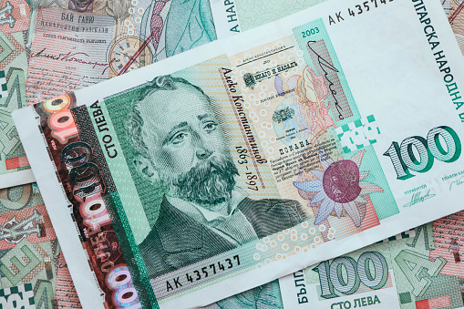 Photo depicts the Bulgarian currency banknote, 100 leva, BGN, close up. Depicts a portraiture of Aleko Konstantinov, famous Bulgarian poet.