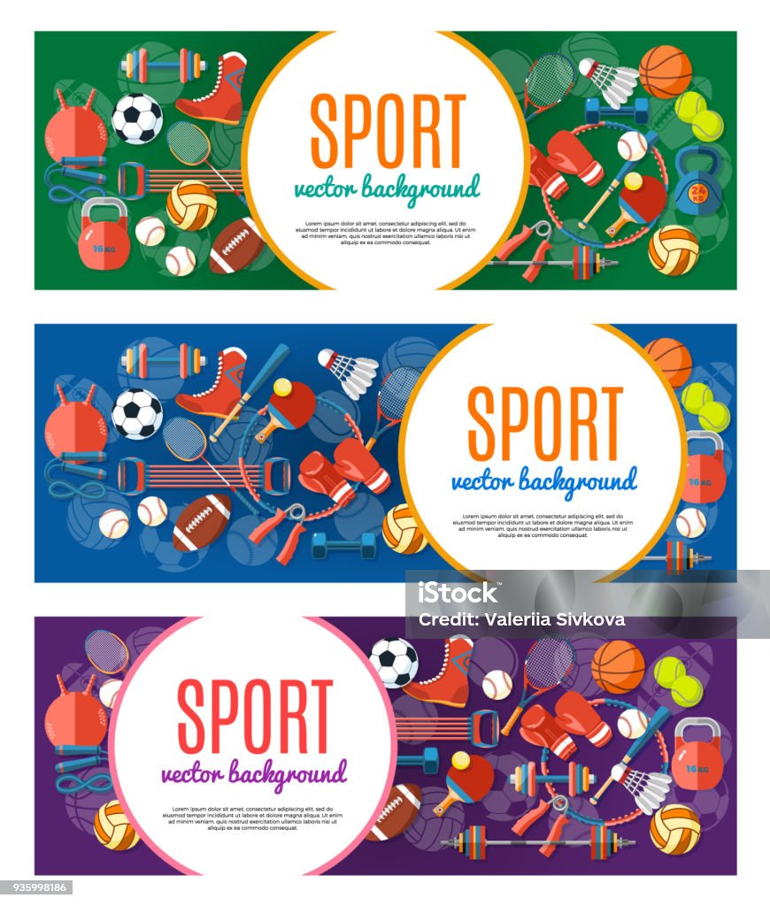 Banner of sport balls and gaming equipment. Poster with text Sport for banner, sticker, web. Healthy lifestyle tools, elements. Vector Illustration. Banner of sport balls and gaming equipment. Poster with text Sport for banner, sticker, web. Healthy lifestyle tools, elements. Vector Illustration Sport stock vector