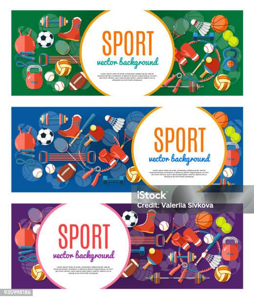 Banner Of Sport Balls And Gaming Equipment Poster With Text Sport For Banner Sticker Web Healthy Lifestyle Tools Elements Vector Illustration Stock Illustration - Download Image Now