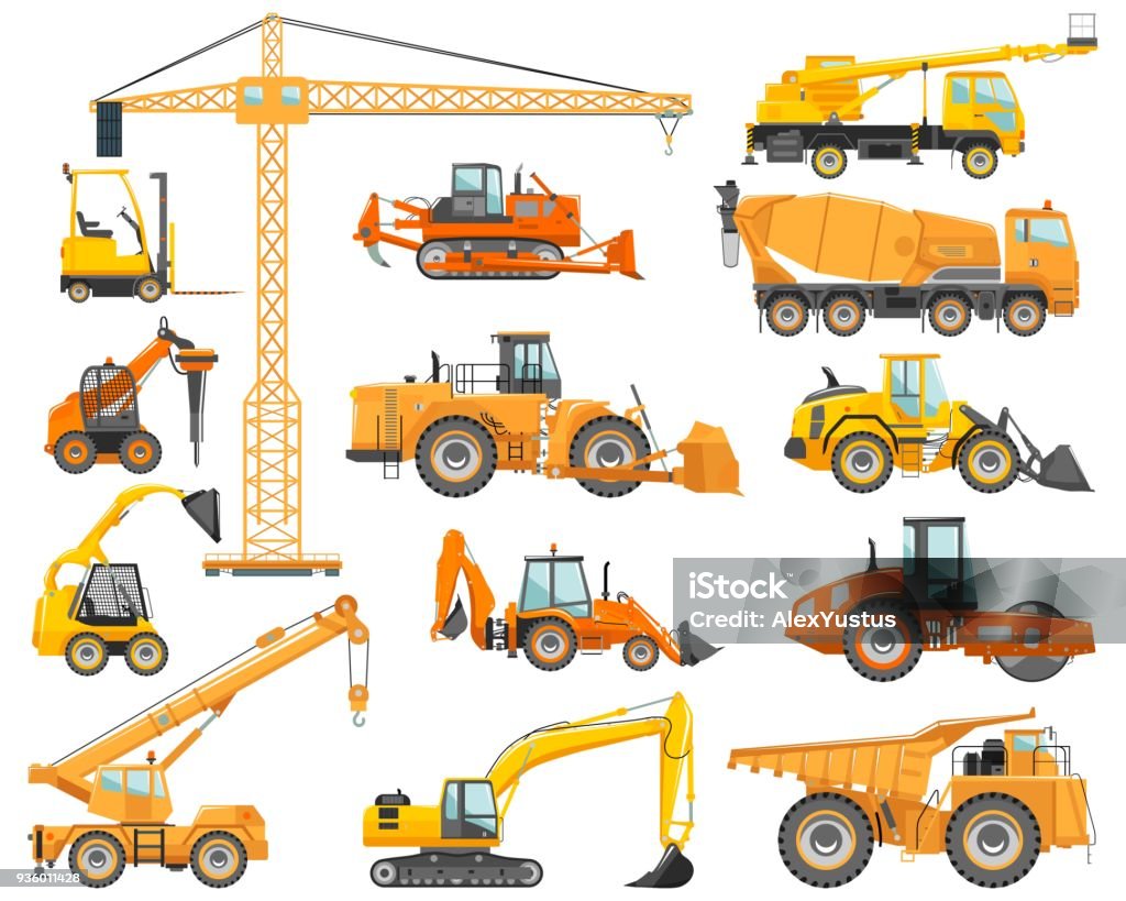 Set de detallado construcción pesada y minería máquinas en estilo plano sobre el fondo blanco. Maquinaria de construcción. Equipo especial. Ilustración de vector - arte vectorial de Grúa libre de derechos