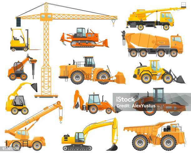 Ilustración de Set De Detallado Construcción Pesada Y Minería Máquinas En Estilo Plano Sobre El Fondo Blanco Maquinaria De Construcción Equipo Especial Ilustración De Vector y más Vectores Libres de Derechos de Grúa