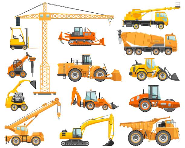 Set of detailed heavy construction and mining machines in flat style on the white background. Building machinery. Special equipment. Vector illustration Silhouette illustration of heavy construction equipment and mining machinery. Building machinery. Special equipment. concrete silhouettes stock illustrations