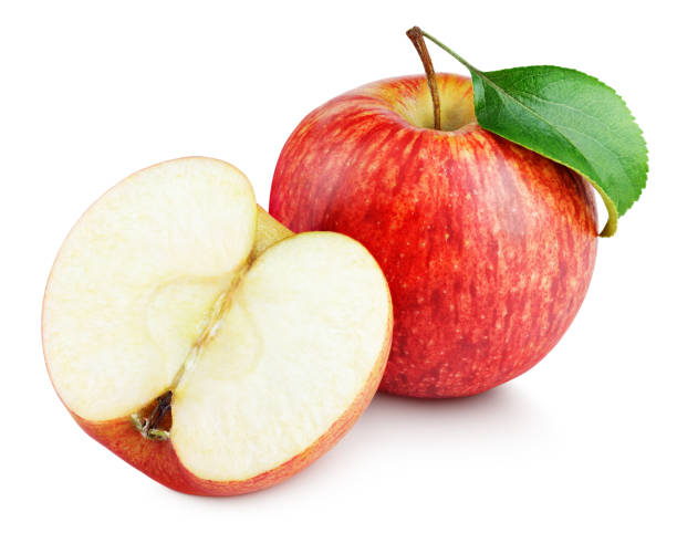 istock Ripe red apple with half and apple leaf isolated on white 936011902