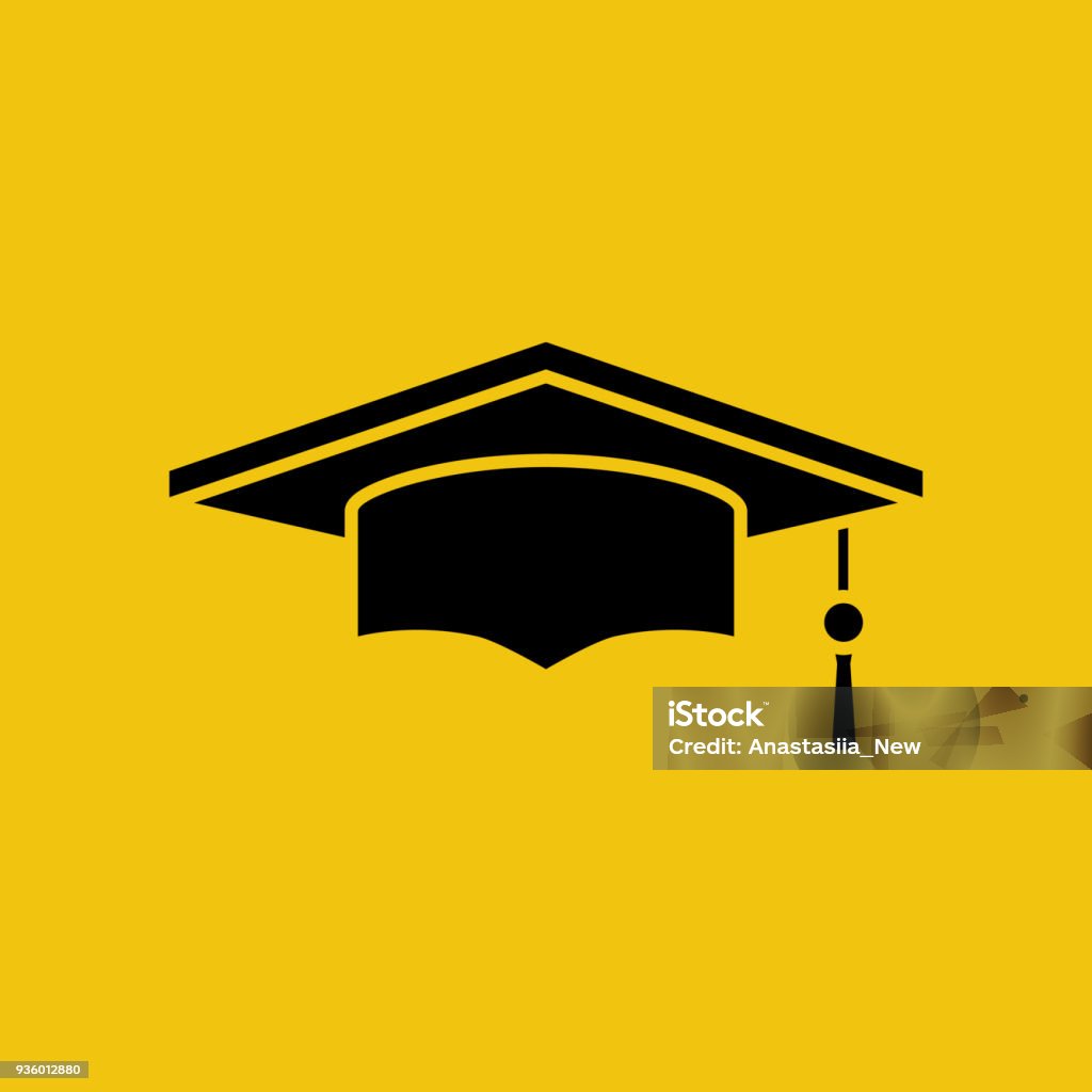 Graduation cap black silhouette isolated on yellow background Graduation cap black silhouette isolated on yellow background. Academic cap pictogram. Vector illustration flat design. Graduation stock vector