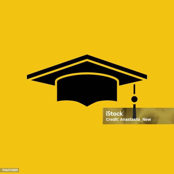 Graduation Cap Black Silhouette Isolated On Yellow Background Stock Illustration - Download Image Now