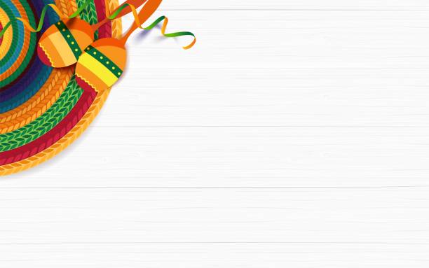 Sombrero, maracas on white wooden background. Mexican holiday background. Sombrero, maracas on white wooden background. Top view. Vector illustration mexican sarape stock illustrations