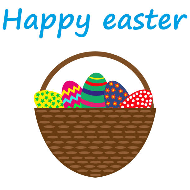 ilustraciones, imágenes clip art, dibujos animados e iconos de stock de huevos de pascua en cesta  - picnic basket christianity holiday easter