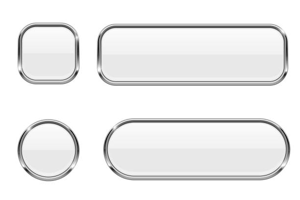 белые кнопки. стеклянные 3d иконки с хромированной рамой - ellipse chrome banner sign stock illustrations
