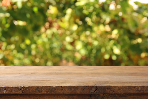 Image of wooden table in front of blurred vineyard landscape at sun light. Ready for product display montage