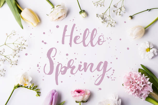 istock Easter and spring flat lay on a white wooden background. 936027504