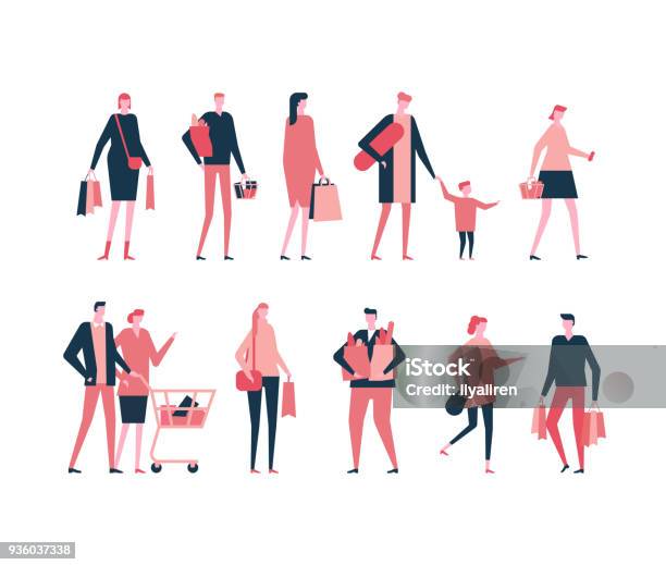 Shopping Flat Design Style Set Of Isolated Characters Stock Illustration - Download Image Now