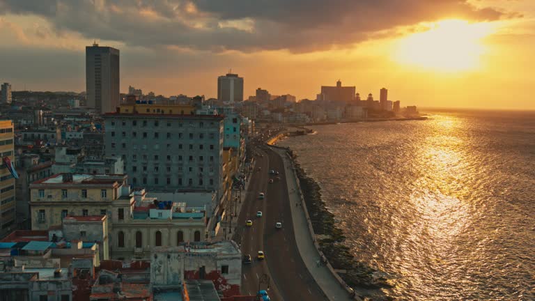 Aerial video view of Malecon in Havana at sunset