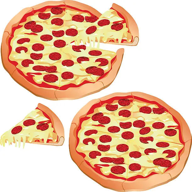 Vector illustration of Animation of several pepperoni pizzas and slices