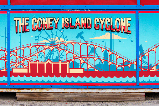The Coney Island Cyclone sign; the historic, over 100 years old wooden rollercoaster at Coney Island luna park.