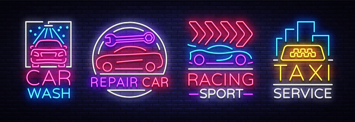 Collection neon signs Transport. Neon  emblems, Taxi service, Car wash, auto service, car repair, street racing. Design template, light banner, nightly neon advertising. Vector