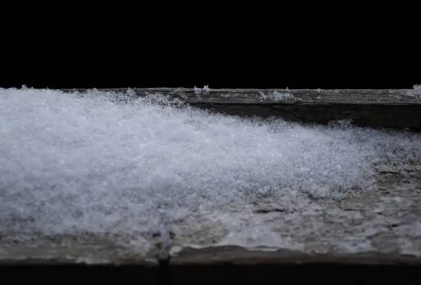 Horizontal graphic element to be used as a stage or a foreground in collages. Closeup on snow and wooden window frame texture