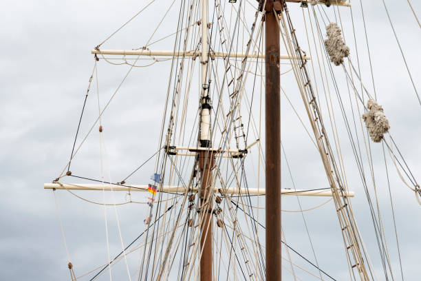 Close up of mast of sailing ship against clear sky, Hamburg harbor