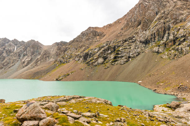 View down on the turquoise colored Alakol lake on 3.500 m.