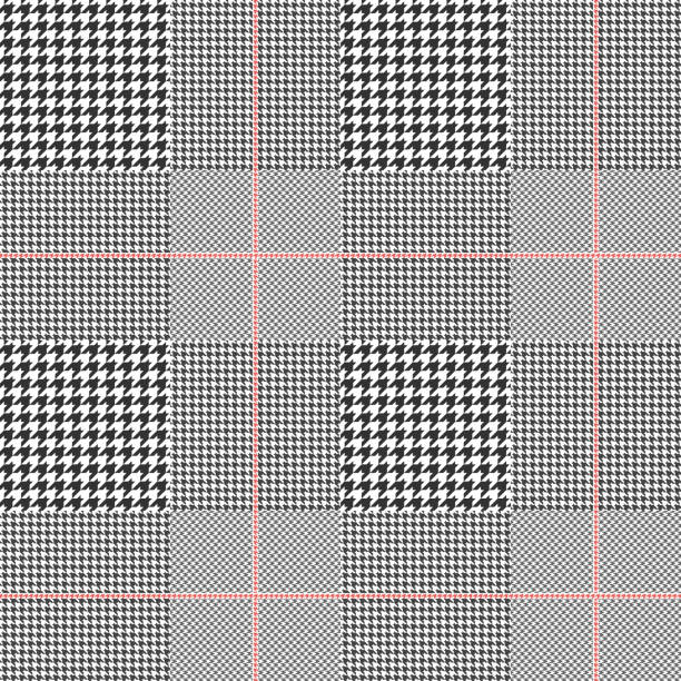 Seamless glen plaid pattern. Color palette: black and white with red overcheck. Classic Prince of Wales texture for digital textile printing. Traditional checkered fabric texture Smart Casual stock illustrations