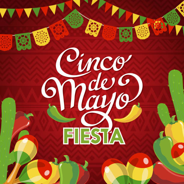 Celebrate Cinco De Mayo with banner, cactus, maracas, peppers on the red folk art pattern for the fiesta