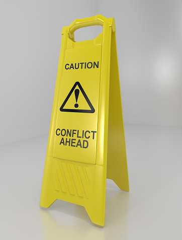 3d illustration depicting a yellow floor warning sign with a conflict warning concept.