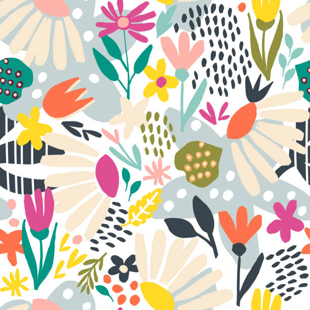 Seamless pattern with hand drawn flowers Seamless pattern with abstract hand painted flowers and leaves in a white background. Vector background. doodle stock illustrations