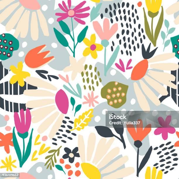 Seamless Pattern With Hand Drawn Flowers Stock Illustration - Download Image Now - Flower, Springtime, Pattern