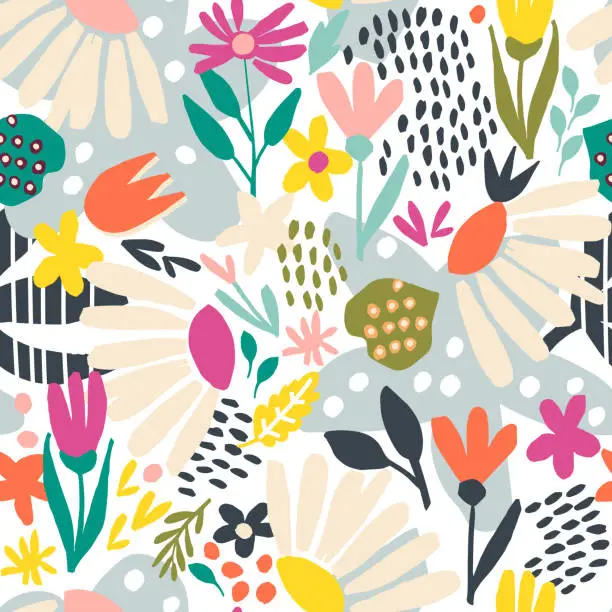 Vector illustration of Seamless pattern with hand drawn flowers