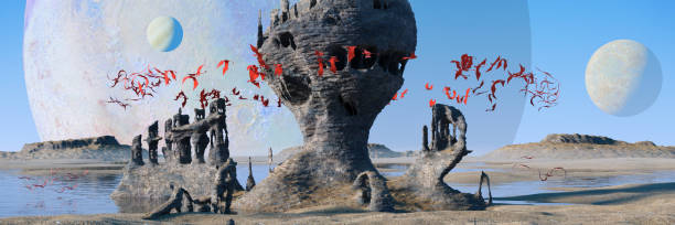 istock exoplanet landscape, flying red alien creatures swarming around mysterious rock formations (3d illustration banner) 936110784