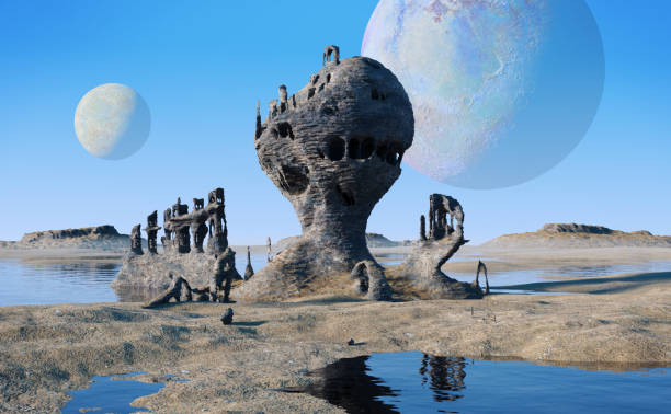 istock alien planet landscape with lakes and strange rock formations (3d illustration) 936112900