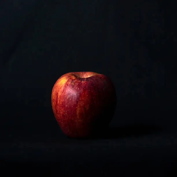 Red apple on black background and side light