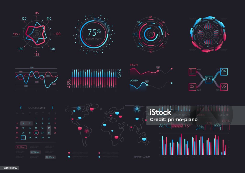 Intelligent technology hud vector interface Interface screen with data infographic digital illustration. Dashboard technology hud vector interface and network management data screen with charts and diagrams. Data stock vector