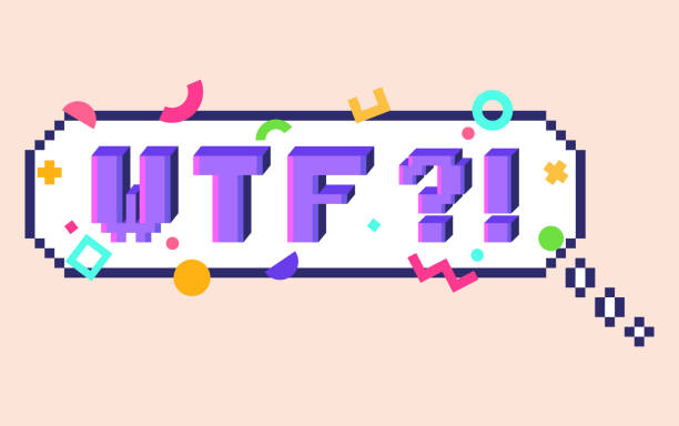 Pixel WTF sticker Vector 8 bit pixel art speech bubble with 3D letters phrase WTF. Colorful geometric pattern around.  Social networks and messengers sticker. wtf stock illustrations